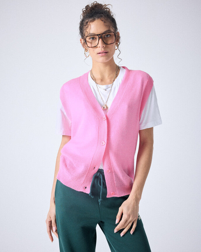 Absolut Cashmere Ina Sleeveless Cardigan in Bubble Gum Neon