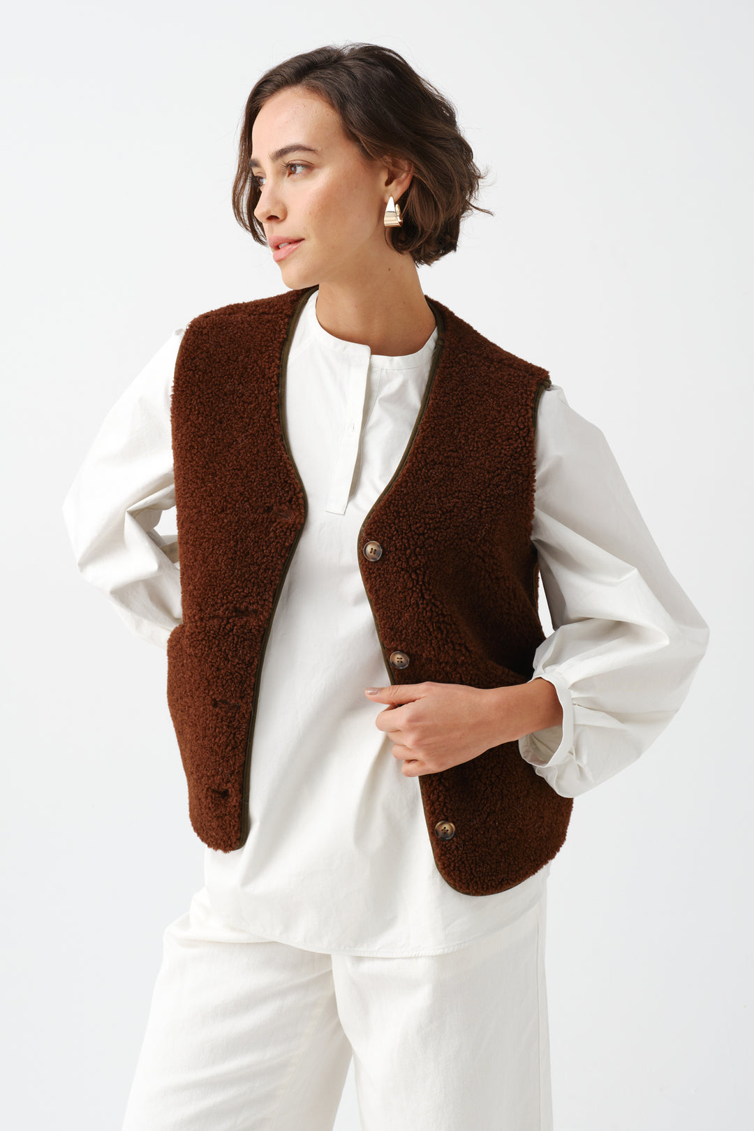 Helen Moore Faux Sheepskin Country Gilet in Walnut
