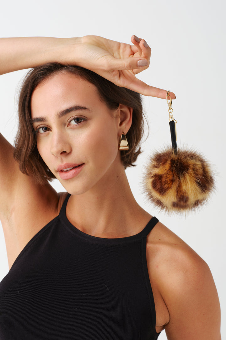Helen Moore Faux Fur Pom Pom Key Ring in Leopard