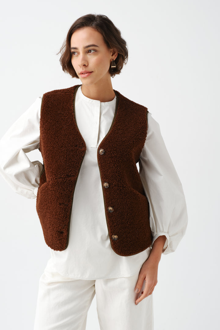 Helen Moore Faux Sheepskin Country Gilet in Walnut