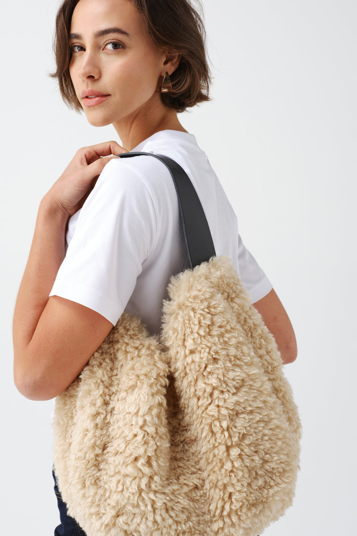 Helen Moore Faux Sheepskin Slouch Bag in Cream
