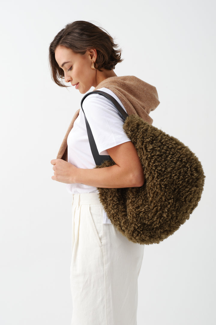 Helen Moore Faux Sheepskin Slouch Bag in Forest Green