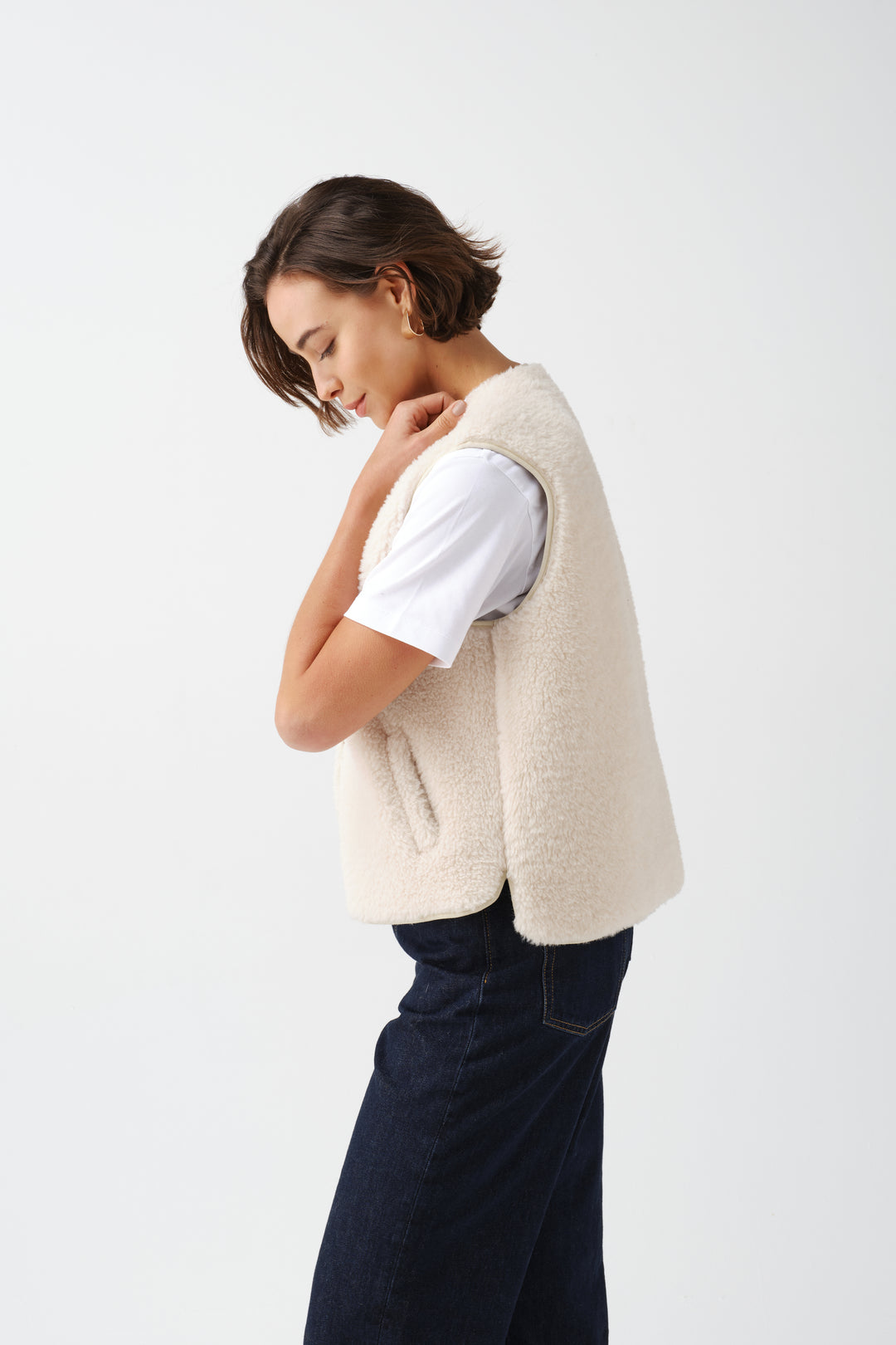 Helen Moore Faux Sheepskin Sport Gilet in Ecru