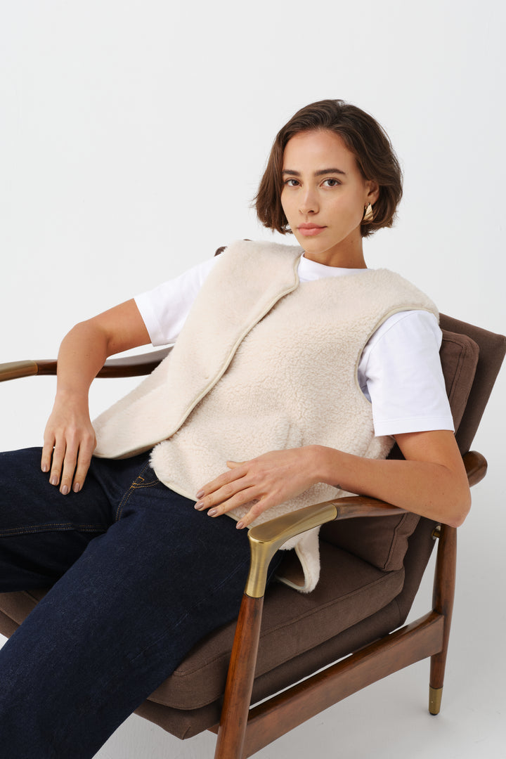 Helen Moore Faux Sheepskin Sport Gilet in Ecru