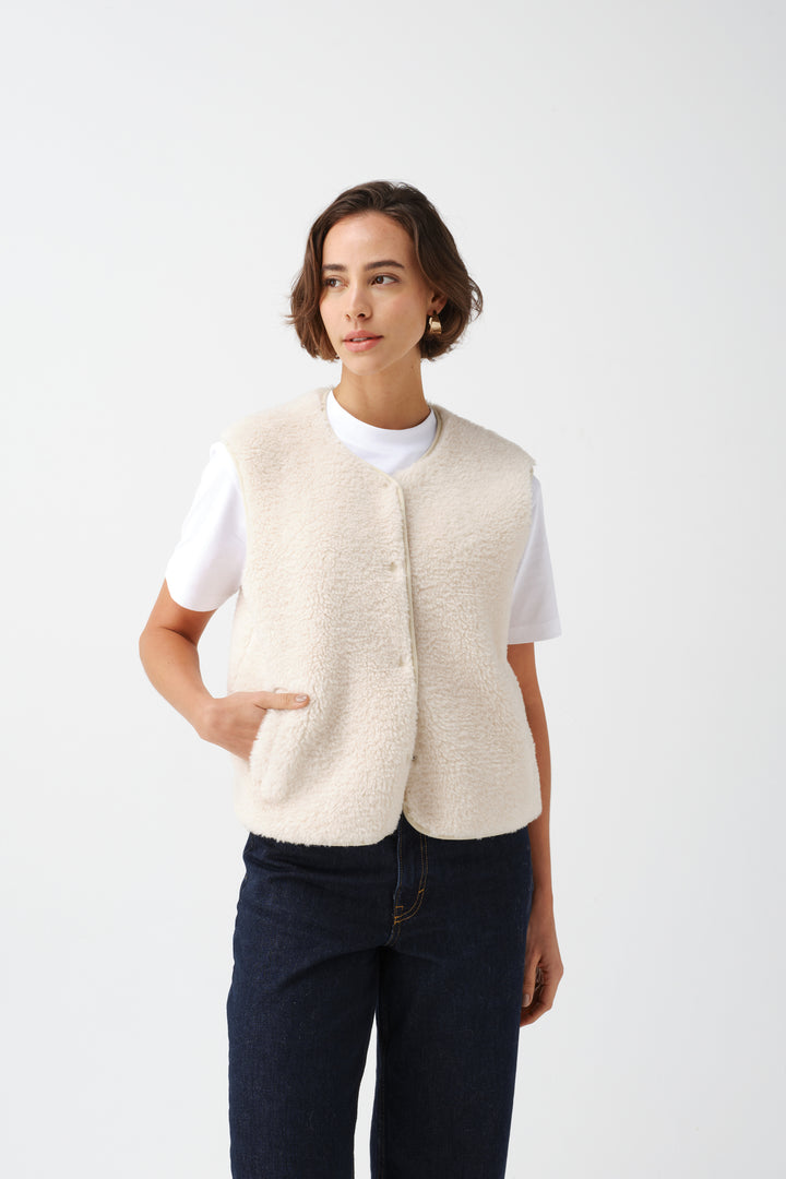 Helen Moore Faux Sheepskin Sport Gilet in Ecru